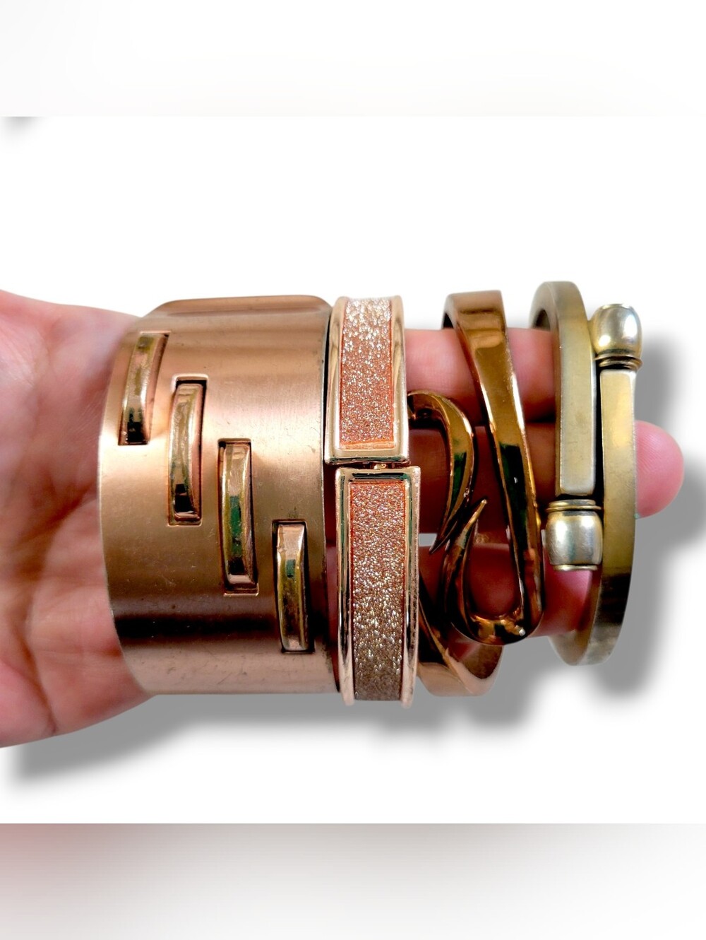 Mixed Y2K Gold/Rose/Bronze Tone Metal Rustic Hinge Cuff Bracelet Bundle [4pc] - Picture 2 of 11